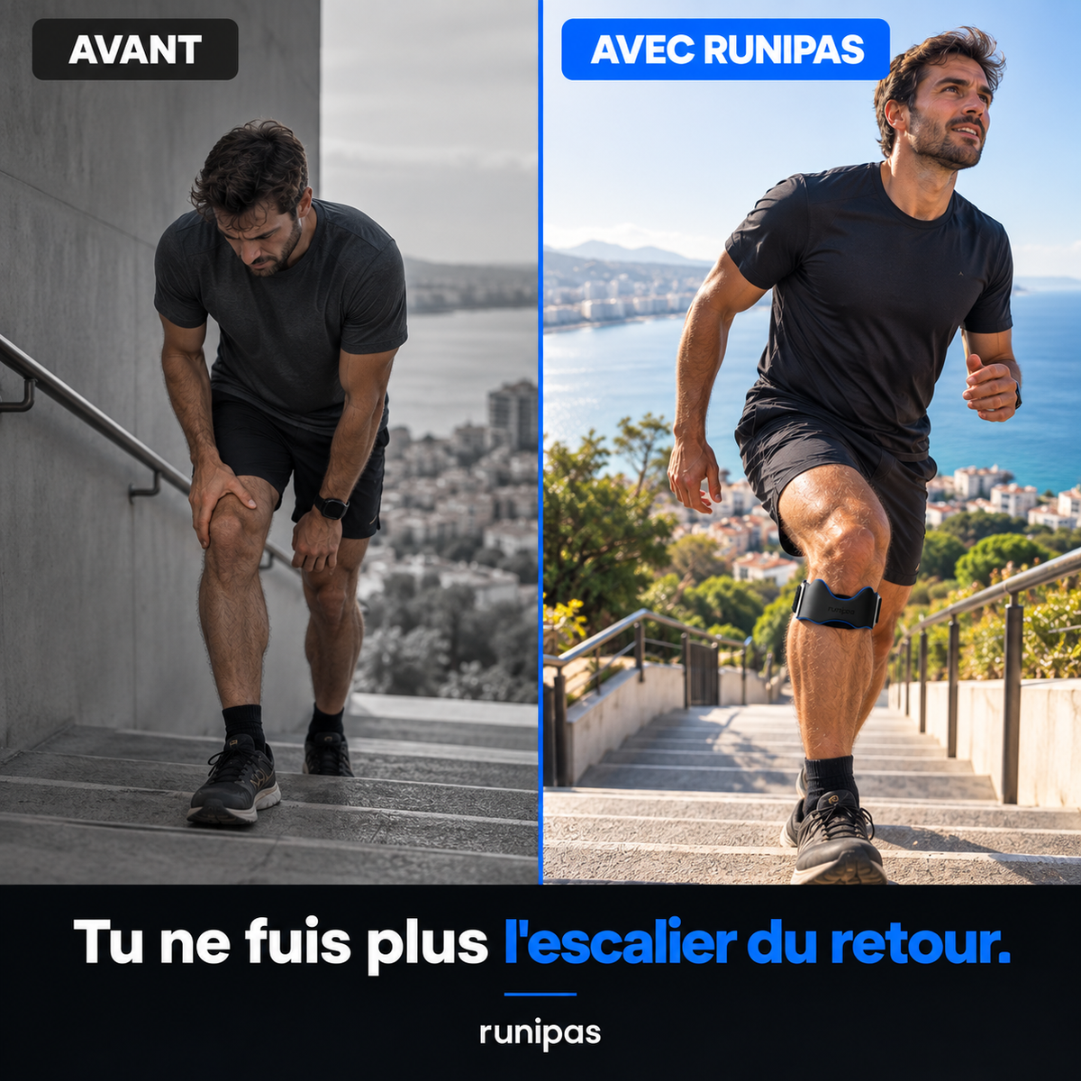 Sangle genou Runipas — avant/après escalier, monter sans y penser