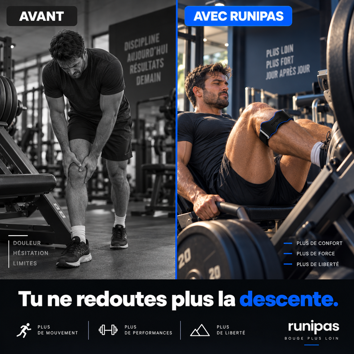 Sangle genou Runipas — avant/après musculation, sans redouter la descente