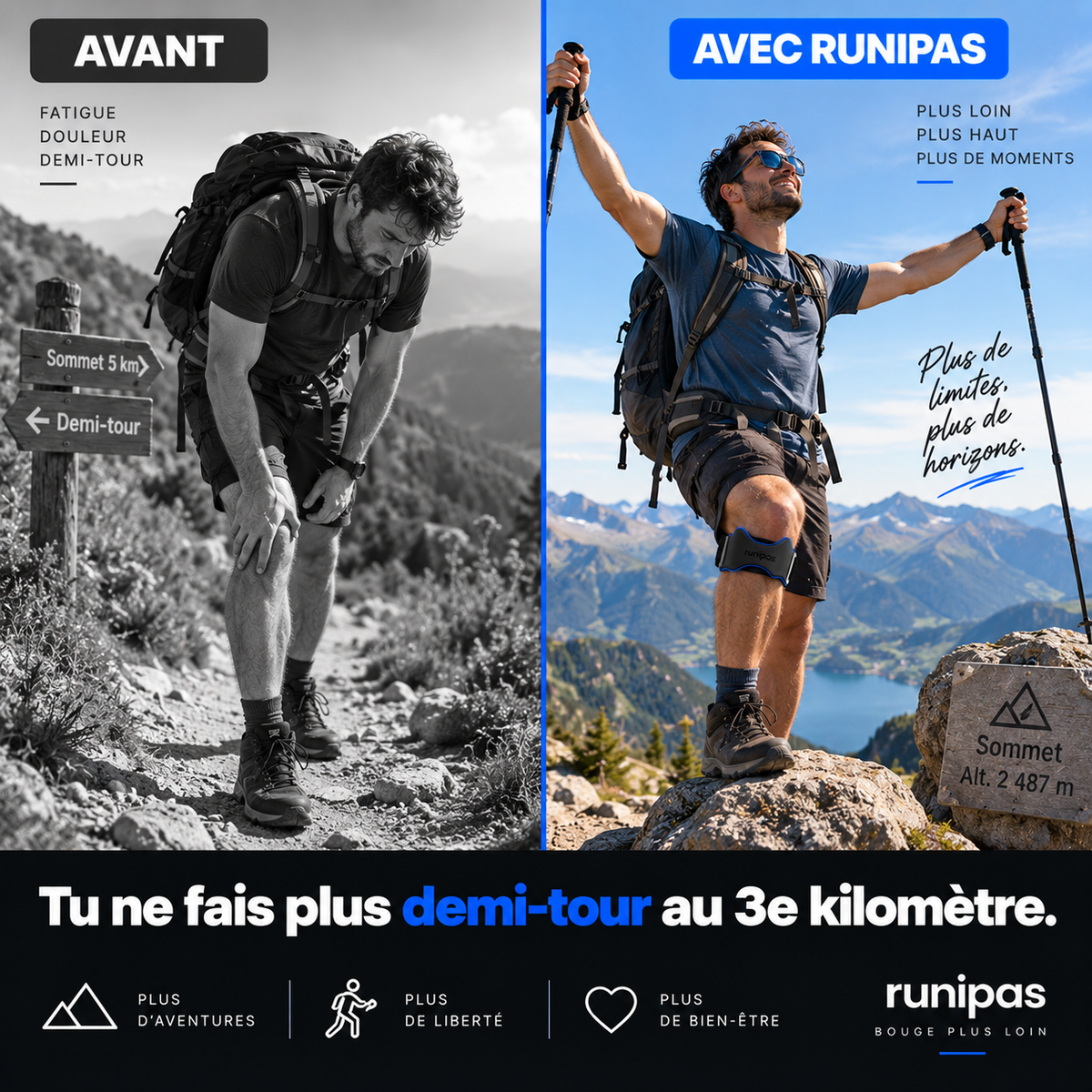 Sangle genou Runipas — avant/après randonnée, sans demi-tour
