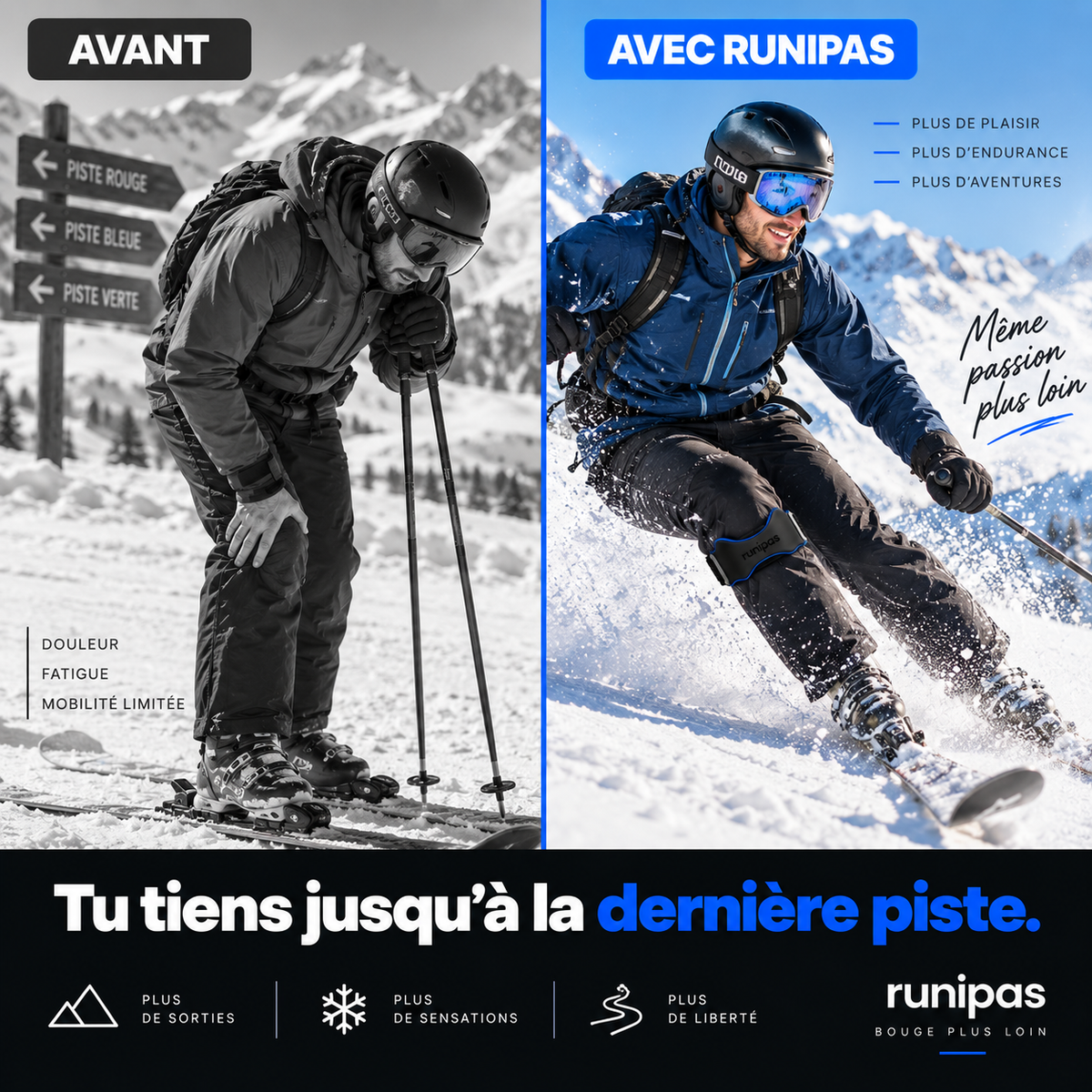 Sangle genou Runipas — avant/après ski, tenir jusqu'à la dernière piste