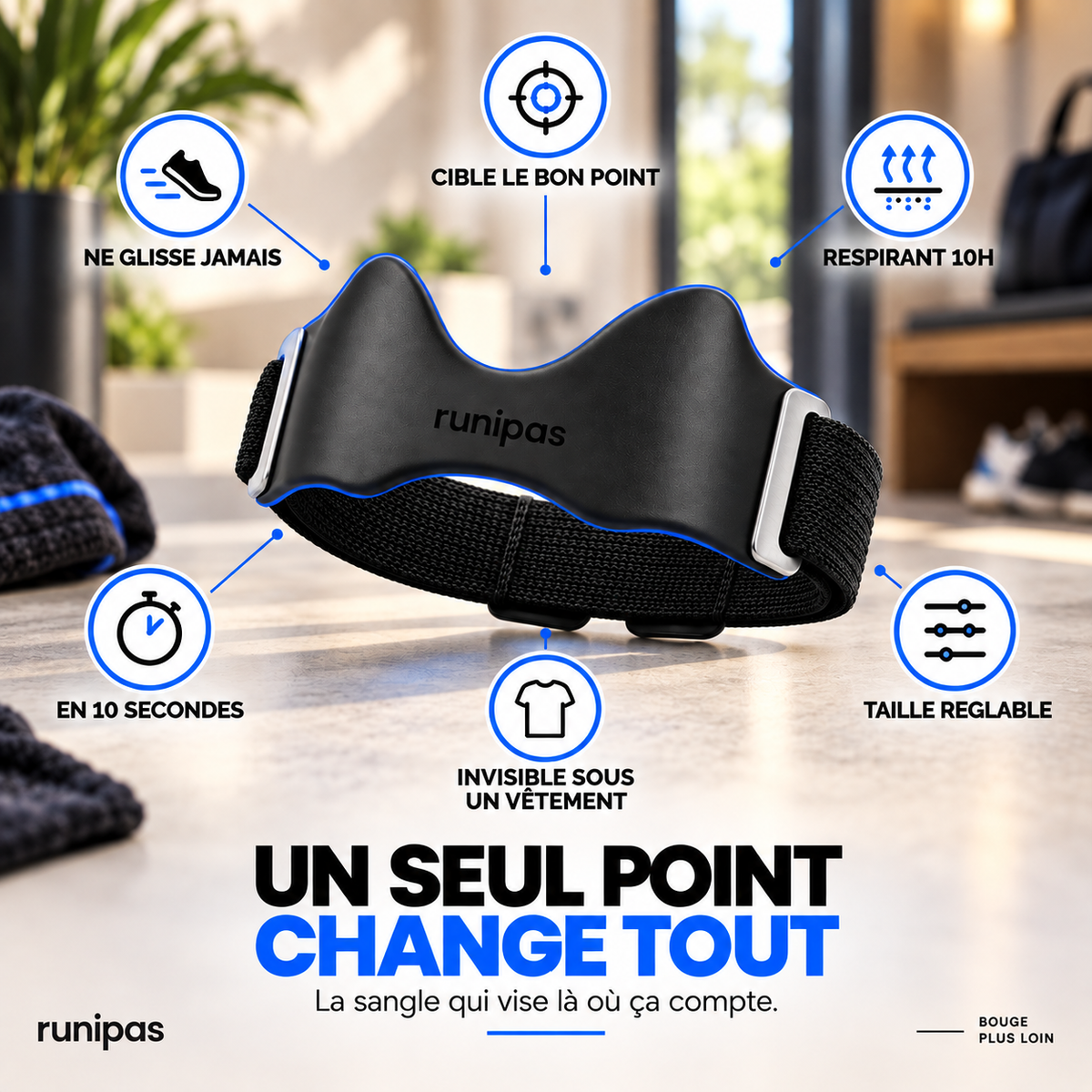Sangle genou Runipas — cible le bon point, ne glisse pas, respirant, taille réglable