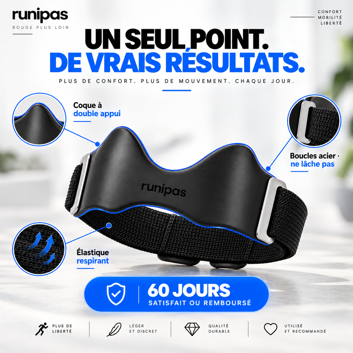 Sangle genou Runipas — coque double appui, boucles acier, élastique respirant, garantie 60 jours